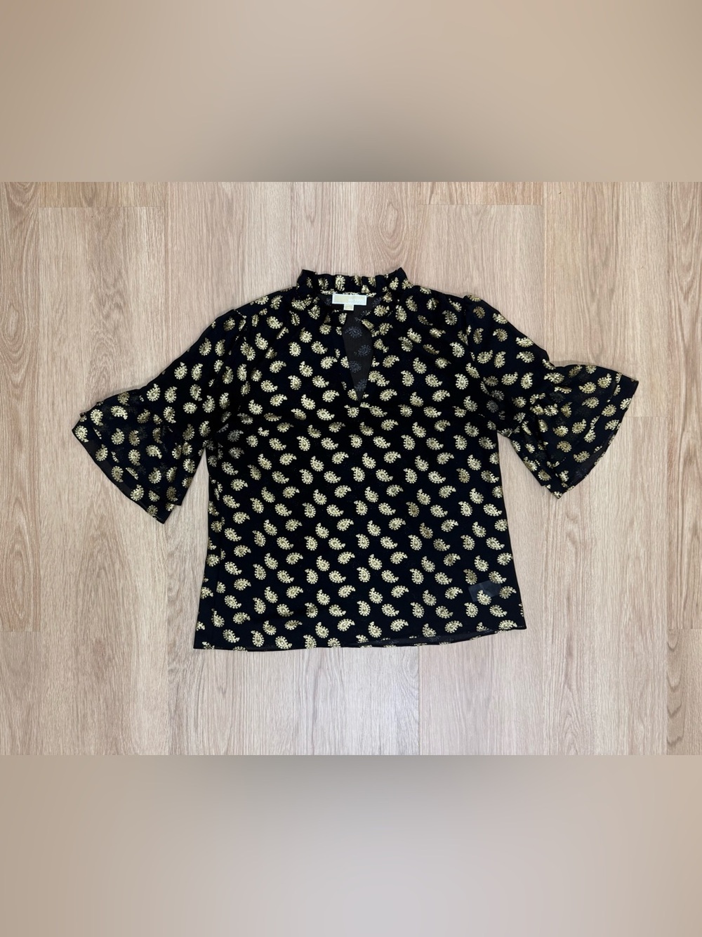 Michael Kors Black and Gold Paisley V-Neck Women's Top